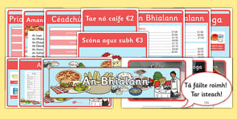 The Restaurant Role Play Resource Pack (Biachlár) Gaeilge - biachlar, restaurant, bialann, an bhialann, food, bia, role play, Aistear, menu, display, resource pack, irish, gaeilge, comhra