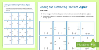 Adding and Subtracting Fractions Jigsaw Activity Sheet - Addition, Add, Subtraction, Subtract, Numerator, Denominator, Different Equivalent, Equivalence, Com