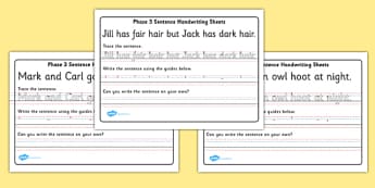 Phase 3 Sentence Handwriting Sheets - handwriting, sentences, writing, sheets, activity, phase 3 phase three, sentence, tracing, letters, trace