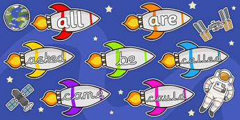Tricky Words on Rockets - Tricky words, rockets, rocket, space, DfES Letters and Sounds, Letters and sounds, display, words
