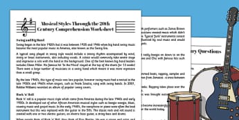 Musical Styles of the 20th Century Comprehension Worksheet - 20th