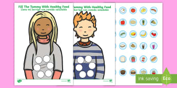 Healthy Food Fill The Tummy Activity English/Spanish - Healthy Food Fill The Tummy Activity - healthy, health, body, EAL,Spanish-translation