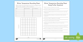 Winter Temperatures Recording Activity Sheet - worksheet, freezing, high temperature, low temperature, line chart, graphing, data, 