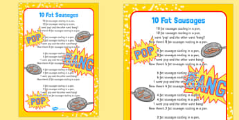 10 Fat Sausages Rhyme Sheet - 10, fat, sausages, rhyme, sheet