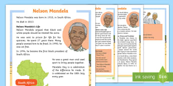 KS1 Nelson Mandela Differentiated Fact File - Black History, Mandela Day, President, South Africa, Information