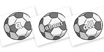 100 High Frequency Words on Footballs - High frequency words, hfw, DfES Letters and Sounds, Letters and Sounds, display words