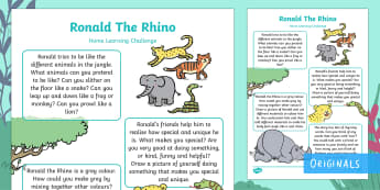 EYFS Ronald the Rhino Home Learning Challenges Nursery FS1 - Ronald the Rhino, Twinkl story book, animals, jungle, endangered, africa, homework, home learning, p