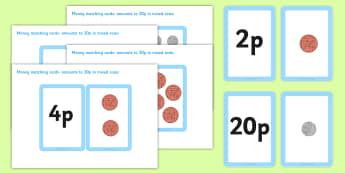 Money Matching Cards to 20p Mixed New Coins - money, coins, maths