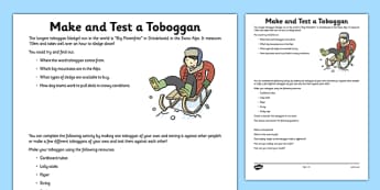Make and Test a Toboggan Activity Sheet - toboggan, paper, test, force, material, worksheet