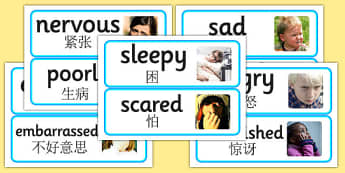Large Detailed Emotions and Feelings Photo Word Cards Chinese Mandarin Translation - chinese mandarin, emotions
