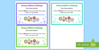 Adding Coins Maths Challenge Cards - add, coins, money, maths