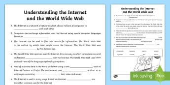 Understanding the Internet and the World Wide Web Cloze Passage Activity Sheet - KS2, computing, internet, world wide web, cloze procedure, vocabulary, worksheet