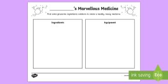 Outdoor Learning Muddy Marvellous Medicine Recipe Activity Sheet - CfE Outdoor Learning, nature, forest, woodland, playground, george's marvellous medicine, medicine,