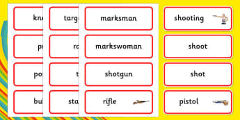 The Olympics Shooting Word Cards - Shooting, Olympics, Olympic Games, sports, Olympic, London, 2012, word card, flashcards, cards, activity, Olympic torch, events, flag, countries, medal, Olympic Rings, mascots, flame, compete