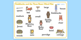 Goldilocks and the Three Bears Word Mat - Goldilocks and the Three Bears, word mat, writing aid, traditional tales, tale, fairy tale, three bears, porridge, cottage, beds, flashcards