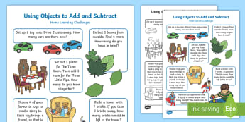 EYFS Using Objects To Add and Subtract Home Learning Challenges - Using quantities and objects, add and subtract two single-digit numbers, count on or back to find th