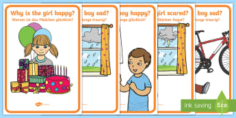 Why Question Emotion Cards English/German - emotions, feelings, EAL, German, English-German,,German-translation