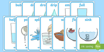 Water Area Display Words - Water area, water play, water, water display, splash, drop, drip, wet, float, sink