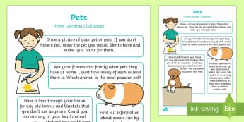 EYFS Pets Home Learning Challenges Nursery FS1 - EYFS Pets, Animals, National Pet Month, shelters, fundraising, caring, feeding, looking after, activ