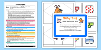Alien Underpant Hunt EYFS Busy Bag Plan and Resource Pack to Support Teaching on Aliens Love Underpants - scavenger hunt, wooden spoon puppet, Early Years planning