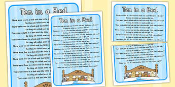 Ten in a Bed Nursery Rhyme Poster - rhymes, display, poems, song