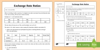Exchange Rate Ratios Activity Sheet - Euro, dollar, pound, sterling, bureau de change, ratio, worksheet