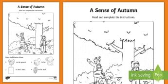 A Sense of Autumn Read and Draw Activity Sheet - A, Sense, of, Autumn, seasons, Aistear, school trip, forest, blackberries, worksheet, squirrels, lea
