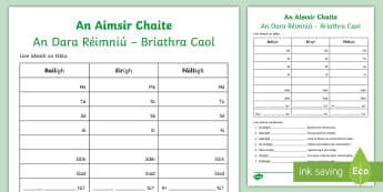 The Past Tense (An Aimsir Chaite - An Dara Réimniú) Using the Verbs 'Bailigh', 'Eirigh', 'Fáiltigh' Activity Sheet - Aimsir, Caite, Dara, Réimniú, Briathra, Caol, two, Syllable, Practice,Irish, Gaeilge