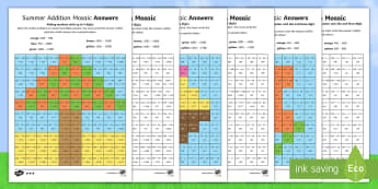 LKS2 Summer Addition Mosaic Differentiated Activity Sheets - mental arithmetic, calculation, formal written methods, Year 3, Year 4, worksheets