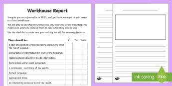 KS2 Workhouse Report Writing Activity Sheet - KS2 Workhouses, year 3, year 4, year 5, year 6, writing, news report, news writing, reporting, workh