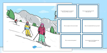 Winter Sports Scene and Question Cards - winter sports, scene, questions, cards