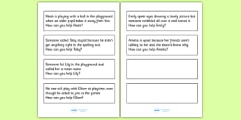 How Can You Help? Scenario Discussion Cards -  what to do, bully, bullying, being bullied, behaviour, good behaviour, friendship, step up, discussion cards, bullied, help
