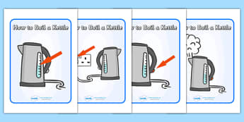 How to Boil a Kettle Sequencing - Kettle, boil, instructions, safety, sequencing, Electric, safe, word mat, mat, writing aid, power, circuit, electricity, battery