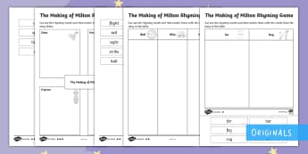 The Making of Milton Rhyming Words Differentiated Activity Sheets - twinkl fiction, match, find, rhyme, sounds the same, spelling patterns
