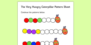Colour Sequences Worksheet to Support Teaching on The Very Hungry Caterpillar - numbers, counting, patterns, numeracy booklet, repeating patterns, counting, addition, adding, more than, numbers, the Very Hungry Caterpillar,  Eric Carle, resources, Hu