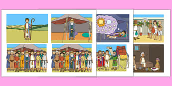 Joseph Story Sequencing (4 per A4) - Joseph, coat, Jacob, bible story, bible, slave, sequencing, story sequencing, story resources, A4, cards, 4 per A4, brothers, cupbearer, pharao, prison, cows, corn, dreams, Palace, Egypt, fat, thin