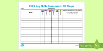 EYFS Key Skills Assessment 3D Shape Assessment Tracker - space and measure, SSM, mathematics, maths, cone, cube, sphere, cuboid, cube, Early years assessment