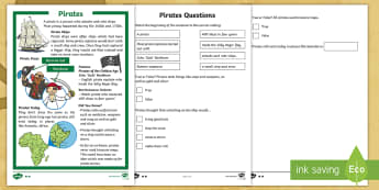 KS1 Pirates Differentiated Reading Comprehension  - talk like a pirate day, pirate ships, pirate dress, the golden age of piracy, ks1 history.