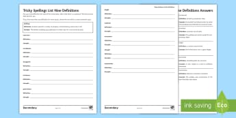 Tricky Spellings List Nine Definitions Activity Sheet - misspelled, misspelt, Misspell, SPAG, accuracy, Spelling, Difficult words, common mistakes