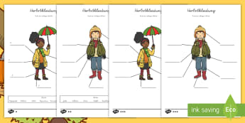 Herbst Kleidung zum Beschriften Arbeitsblätter: Unterschiedliche Schwierigkeitsgrade - Herbst, Kleidung, Kleider, Wetter, German