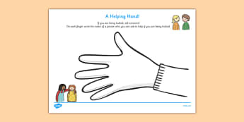 Helping Hand Bullying Activity Sheet - helping hand bullying, worksheet, bullying, bully, help, tell someone, person who can help, helpful, teacher, what to do