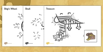 Dot to dot Sheets (Pirates) - dot to dot sheets pirates, dot to dot, sheets, pirates, pirate, colouring, fine motor skills, drawing, game, activity, draw, line, ocean, island, ship, treasure