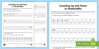 Counting Up and Down in Hundredths Activity Sheet - Learning from Home Maths Workbooks, hundredths, pennies, money, fractions of 100, divide by 100, wor