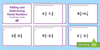 Adding and Subtracting Mixed Numbers Challenge Cards - adding mixed numbers, subtracting mixed numbers, problem solving, fractions, addition, subtraction, 