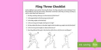 Fling Throw Technique Pupil Knowledge Sheet - Athletics, KS2, Y3, Y4, Y5, Y6, throwing, fling throw, discus, technique, pupil checklist