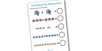 Addition Sheet to Support Teaching on The Rainbow Fish - the rainbow fish, addition, sheet, the rainbow fish addition, addition worksheet, numeracy, maths, sheet for addition
