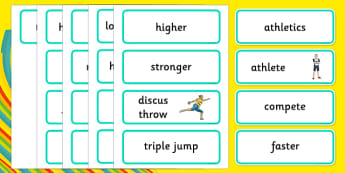 The Olympics Athletics Word Cards - Olympics, Olympic Games, sports, Olympic, London, 2012, word card, flashcards, cards, Olympic torch, flag, countries, medal, Olympic Rings, mascots, flame, compete, athletics, race, running, sprint, jumping, high j