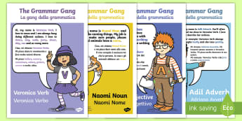 Grammar Gang Characters Display Posters English/Italian  - Grammar Gang Character Display Posters - grammar game, character, display, grammer, naomi noun, vero