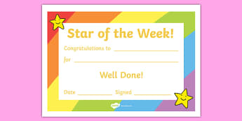 Star of the Week Award Certificate - Star of the week, certificate, certificates,  foundation, good behaviour award, behaviour management, behaviour reward
