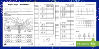 KS2 Bonfire Night Code Breakers Activity Sheet - maths, calculations, codes, firework night, guy fawkes